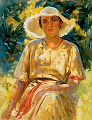 A painting of a woman in a big sun hat sitting in the sun.